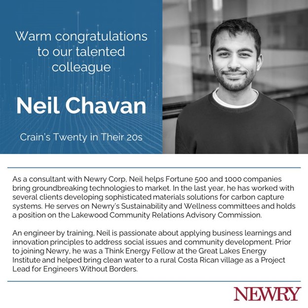 Neil Chavan's recognition as Crain's Cleveland's 20 in Their 20s